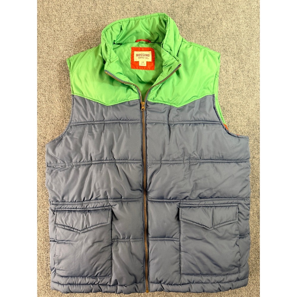 Mossimo Supply Co Mens Puffer Vest‎ L Green Blue Colorblock Full Zip Quilted